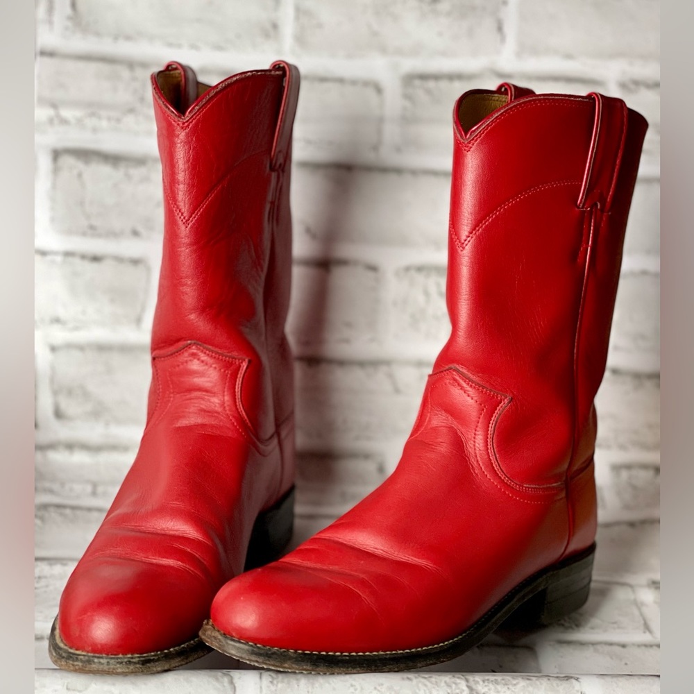 Justin Wmn L3055 7B Red Leather Round Toe Ropers Western Cowgirl Cowboy Boots